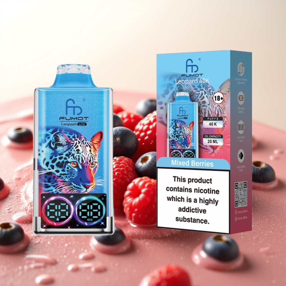 Fumot Leopard 40K Pufi Enkratna E-cigareta z Mešanimi Jagodami – 0%/2%/3%/5% Nikotina, 700mAh, Dual Mesh, 40000 Pufov, Type-C, Digitalni Prikaz Olja