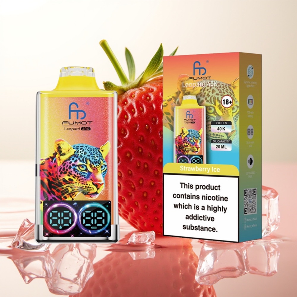 Fumot Leopard 40K Pufi Enkratna Vape Jagoda Led – 0/2/3/5% Nikotina, 700mAh, Dual Mesh, 40000 Pufov, Type-C, Digitalni Display
