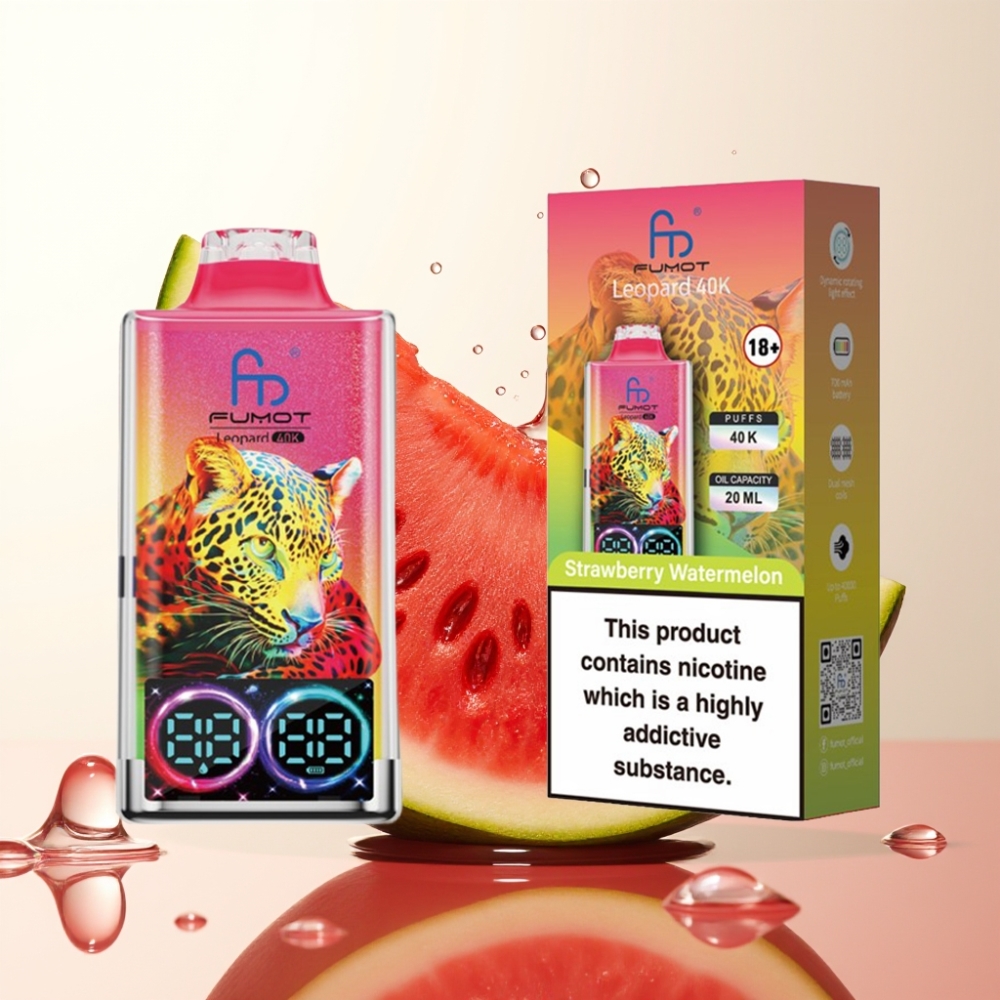 Fumot Leopard 40K Pufi Enkratna Vape Jagoda Lubenica – 0%/2%/3%/5% Nikotin, 700mAh, Dual Mesh, 40000 Pufov, Type-C, Digitalni Display