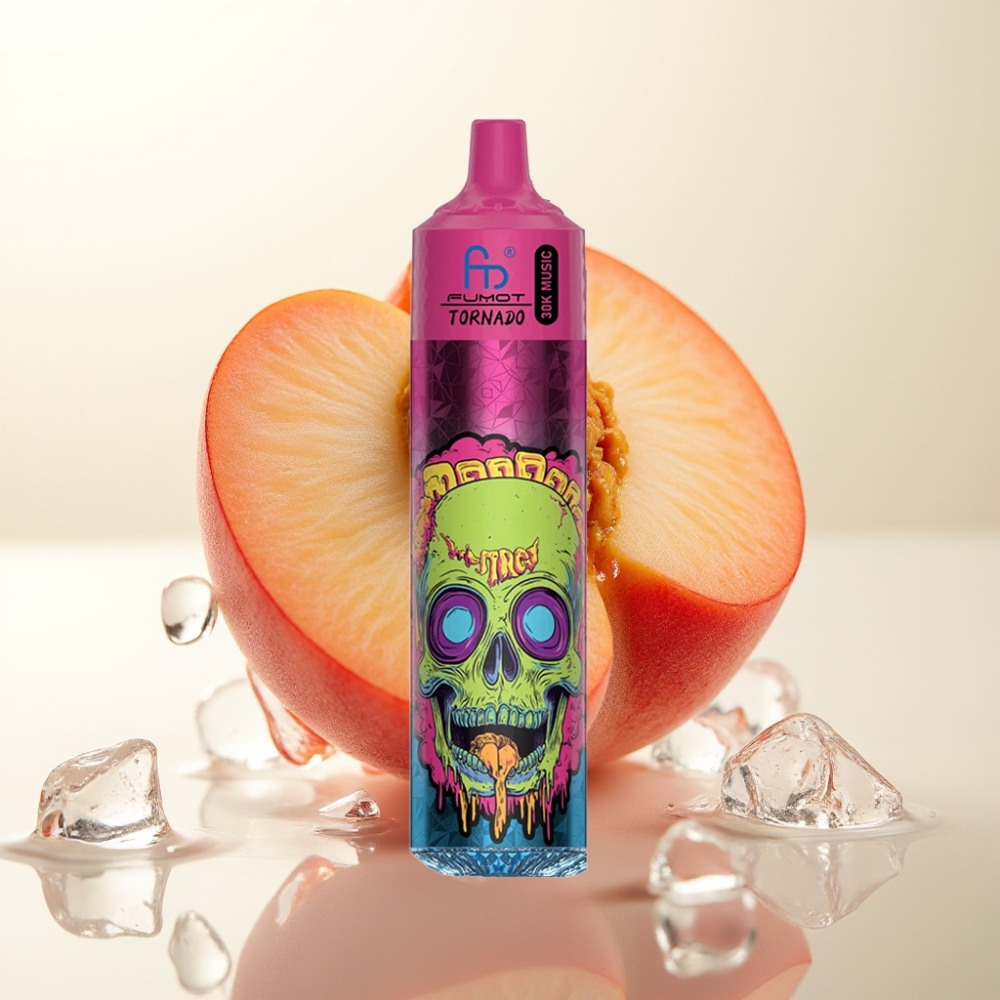 Fumot RandM Tornado 30000 Pufi Dispozabilni Vape Peach Ice – 30.000 pufov, 30mL, 2%/5% nikotina, 1.0 Ohm, 600mAh, LED