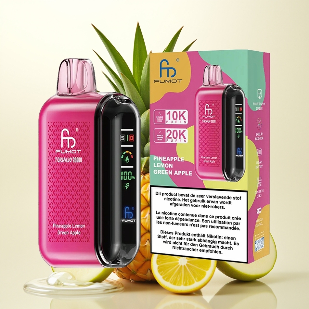 Fumot Tornado 20000 Pofov Enkratna Vapa Ananas Limona Zeleno Jabolko – 20ml, 850mAh, 2% Nikotina, Dual Mesh Coil, Smart Display