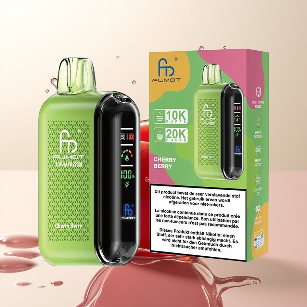 Fumot Tornado 20000 Puffov Disposable Vape Češnja-Jagoda: Dual Mesh Coil, 20ml E-tekočina, 850mAh, 2% Nikotin