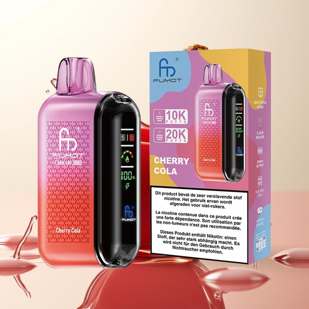 Fumot Tornado 20000 Puffov E-novičica Češnjeva Kola: Dual Mesh Coil, 20ml E-tekočina, 850mAh, 2% Nikotina, Zračni Tok