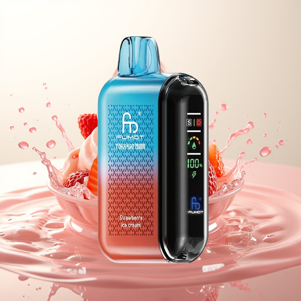 Fumot Tornado 20000 Puffov Enkratna E-cigareta Strawberry Ice Cream z Dual Mesh Coil, 20ml E-tekočine, 850mAh Baterija, Smart Display, 2% Nikotina