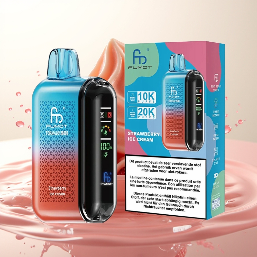 Fumot Tornado 20000 Puffov Enkratna E-cigareta Strawberry Ice Cream z Dual Mesh Coil, 20ml E-tekočine, 850mAh Baterija, Smart Display, 2% Nikotina
