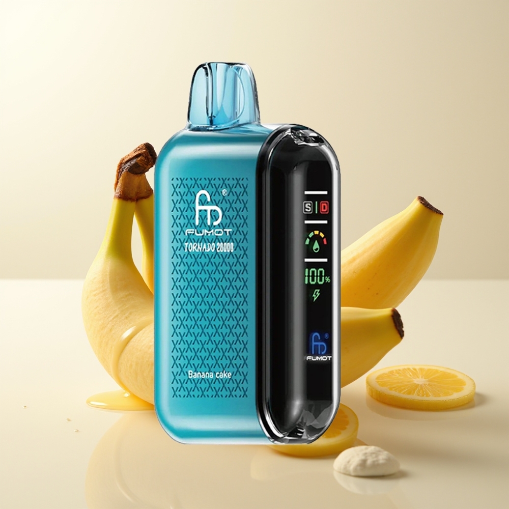 Fumot Tornado 20000 Puffs Bananin Kolač Dispozabilna E-cigareta – Dual Mesh Coil, 20ml E-tekočina, 850mAh Baterija, 2% Nikotina