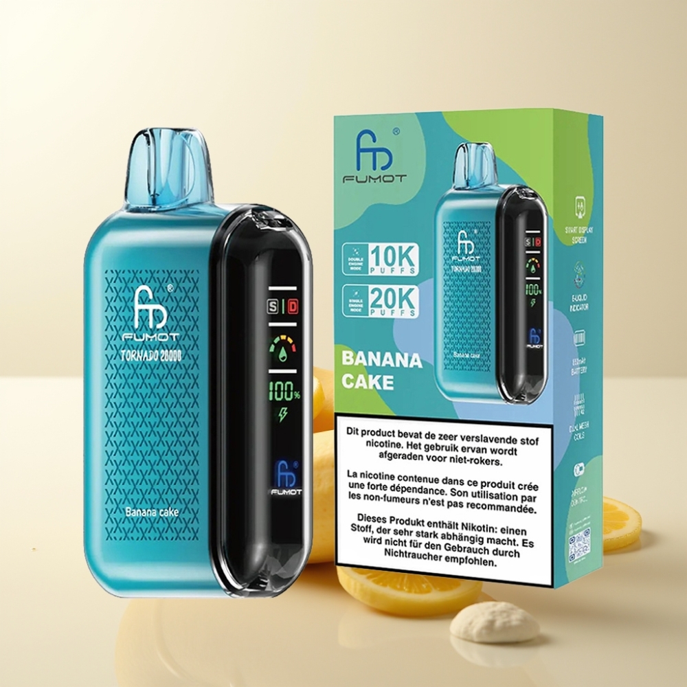 Fumot Tornado 20000 Puffs Bananin Kolač Dispozabilna E-cigareta – Dual Mesh Coil, 20ml E-tekočina, 850mAh Baterija, 2% Nikotina