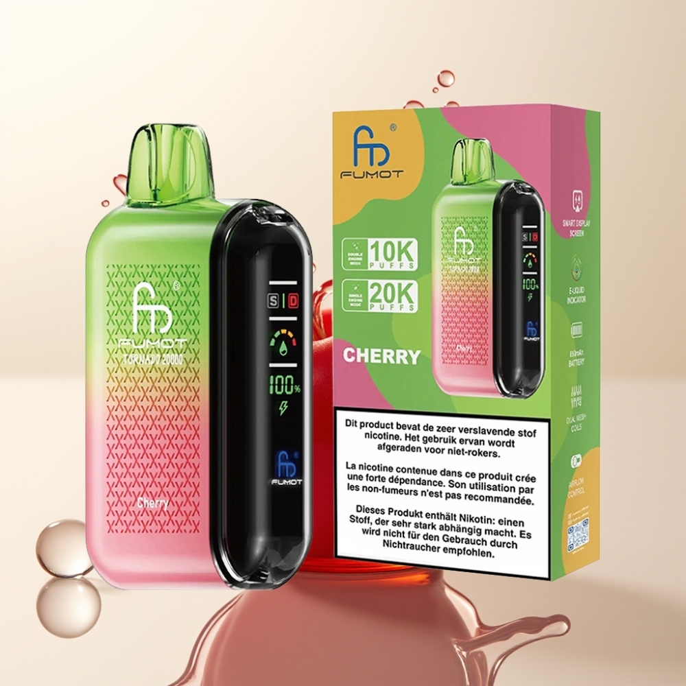 Fumot Tornado 20000 Puffs Enkratna E-cigareta Češnja – 20ml E-tekočina, Dual Mesh Coil, 850mAh, 2% Nikotin