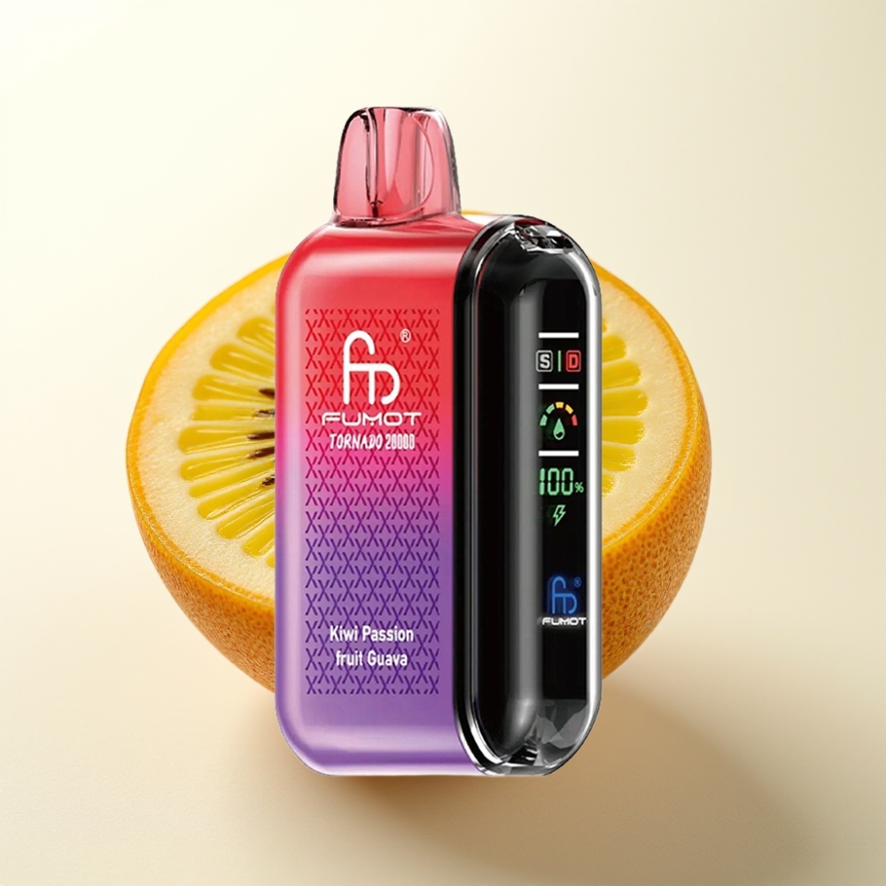 Fumot Tornado 20000 Puffs Enkratna E-cigareta z Dual Mesh Coil, 20ml E-tekočine, 850mAh Baterija, Smart Display, Kiwi Passion Fruit Guava Okus