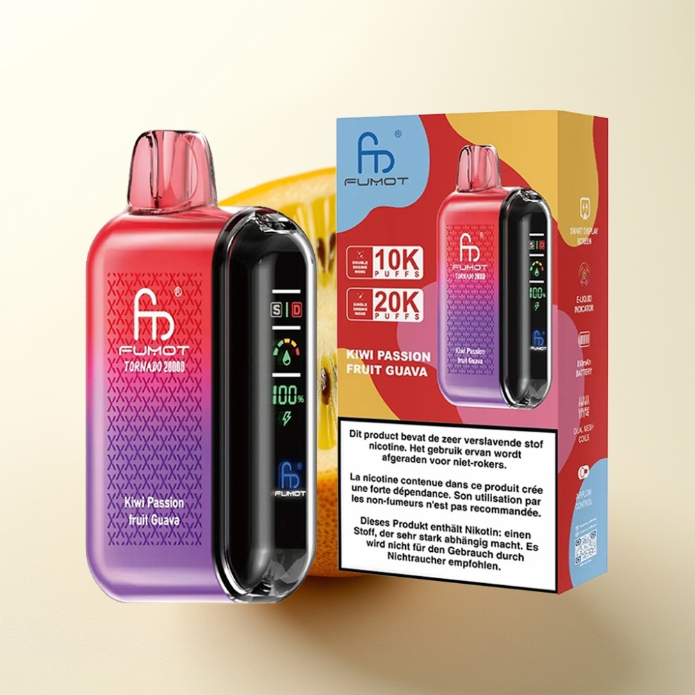 Fumot Tornado 20000 Puffs Enkratna E-cigareta z Dual Mesh Coil, 20ml E-tekočine, 850mAh Baterija, Smart Display, Kiwi Passion Fruit Guava Okus