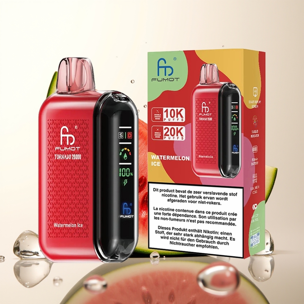 Fumot Tornado 20000 Puffs Enkratni Vape Lubenika Led z Dual Mesh Coil, 20ml E-tekočina, 850mAh Baterija, Smart Display, 2% Nikotina