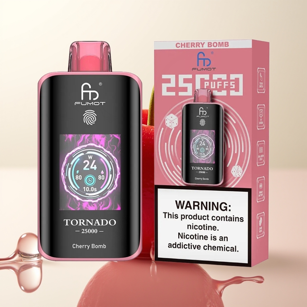 Fumot Tornado 25000 Puffov E-naprava Cherry Bomb z HD zaslonom, 700mAh baterijo, 20ml e-tekočine in Type-C polnjenjem