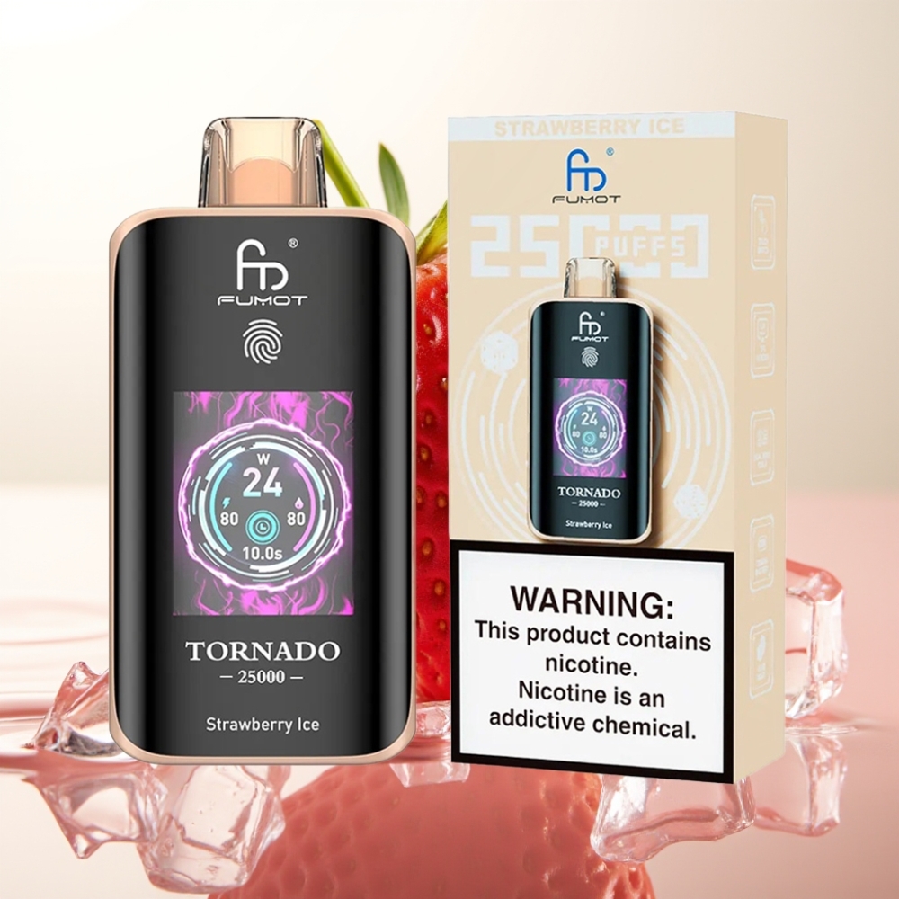 Fumot Tornado 25000 Puffov Enkratna E-cigareta Jagoda Led s HD Zaslonom, 700mAh Baterija, 20ml E-tekočine, 0/2%/3%/5% Nikotina, Type-C Polnjenje