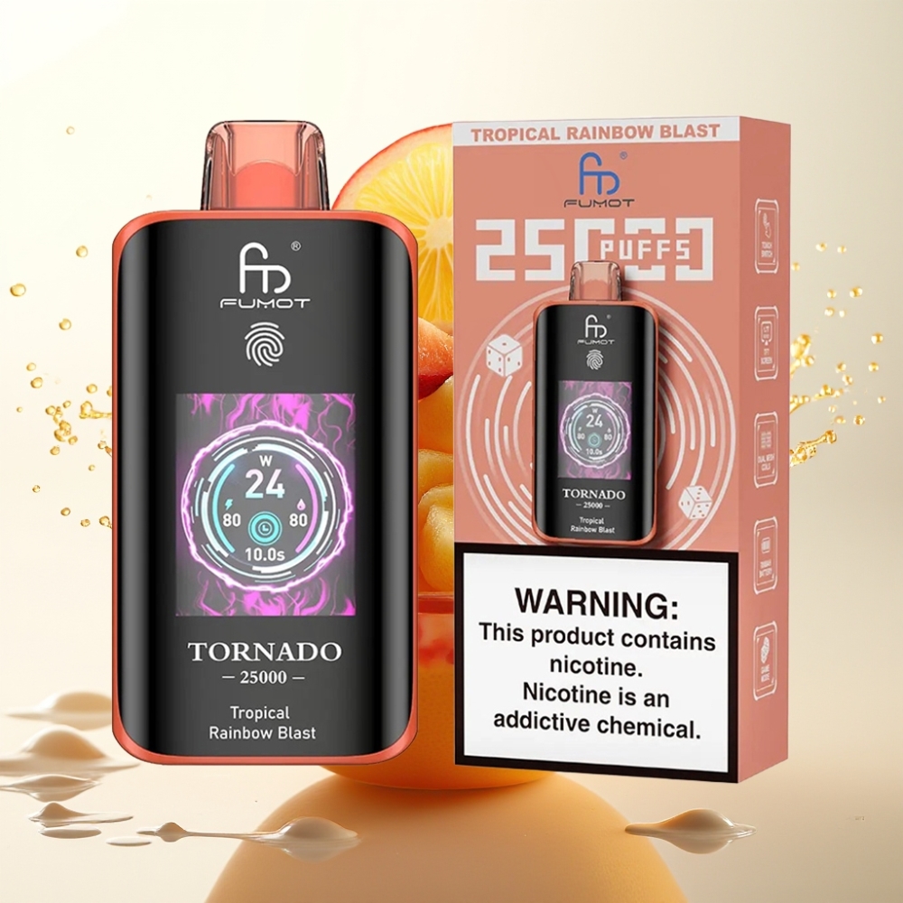 Fumot Tornado 25000 Puffs Disposable Vape Tropsko Mavrični Vihar – HD Zaslon, 700mAh Baterija, 20ml E-tekočina, 0/2%/3%/5% Nikotin, Type-C Polnjenje