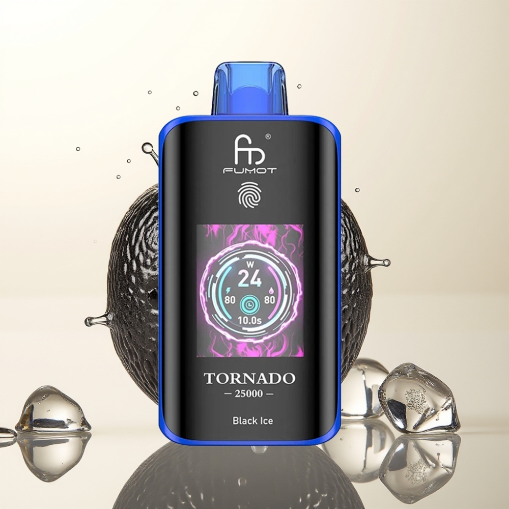 Fumot Tornado 25000 Puffs Enkratna E-cigareta Black Ice z HD zaslonom, 700mAh baterijo, Type-C polnjenjem in 20ml e-tekočine