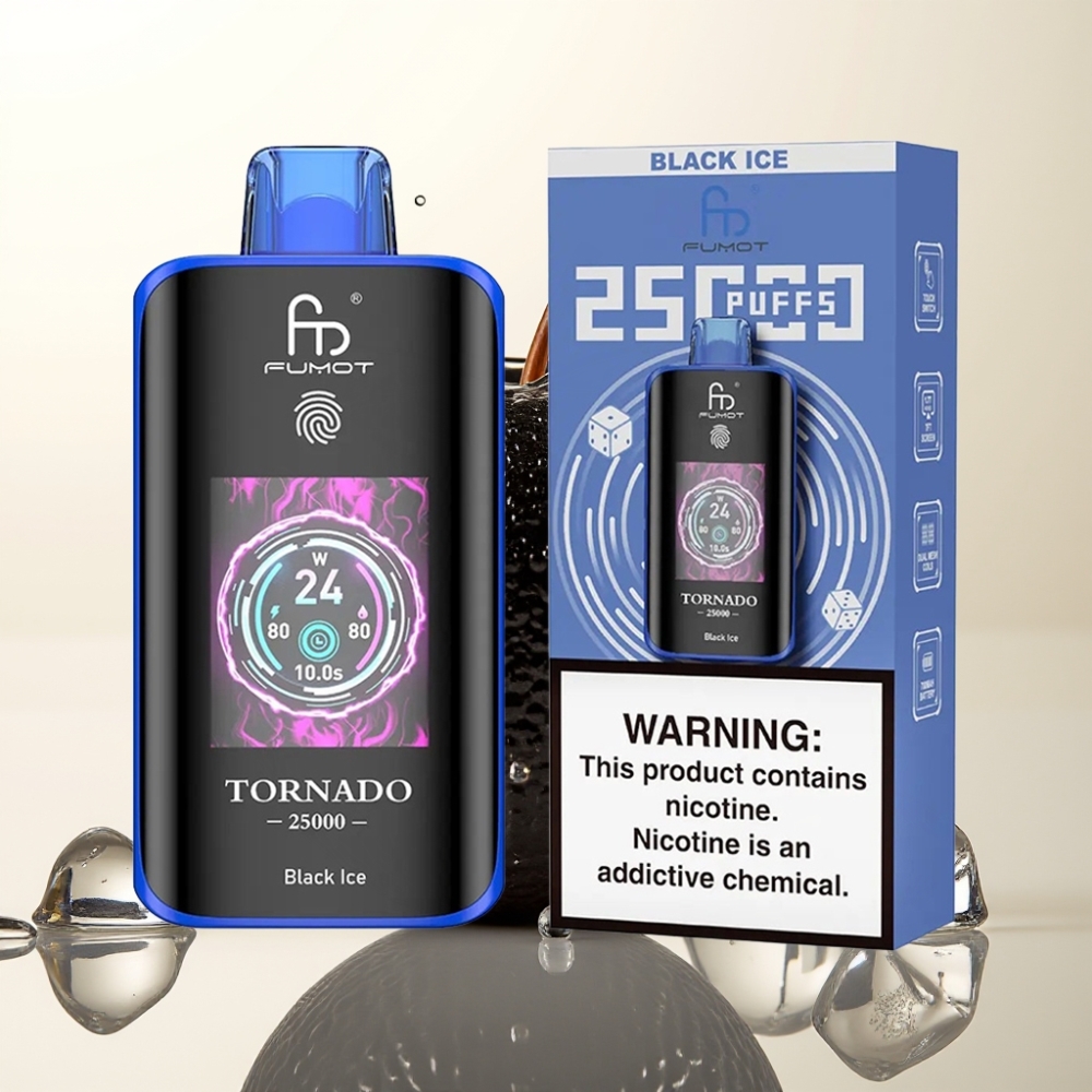 Fumot Tornado 25000 Puffs Enkratna E-cigareta Black Ice z HD zaslonom, 700mAh baterijo, Type-C polnjenjem in 20ml e-tekočine