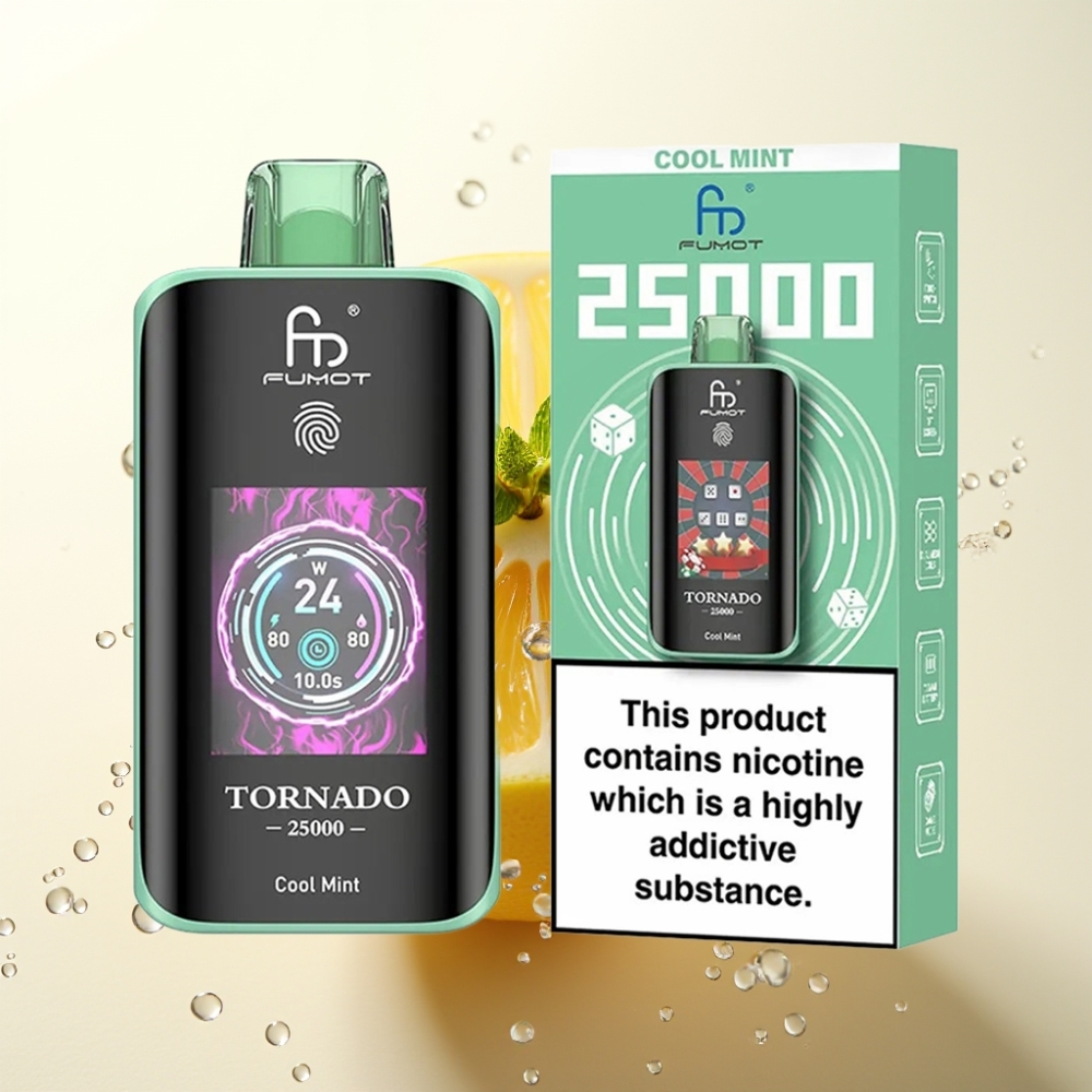 Fumot Tornado 25000 Puffs Enkratna E-cigareta Hladna Meta z HD Zaslonom, 700mAh Baterijo, 20ml E-tekočine, 0/2%/3%/5% Nikotina, Type-C Polnjenje
