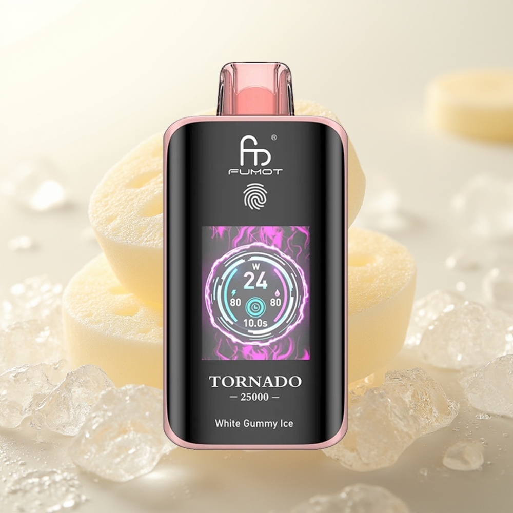 Fumot Tornado 25000 Puffs Enkratna E-cigareta White Gummy Ice z HD zaslonom, 700mAh baterijo, 20ml tekočine, 0/2%/3%/5% nikotina, Type-C polnjenje