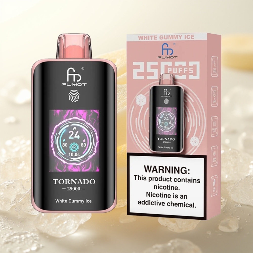 Fumot Tornado 25000 Puffs Enkratna E-cigareta White Gummy Ice z HD zaslonom, 700mAh baterijo, 20ml tekočine, 0/2%/3%/5% nikotina, Type-C polnjenje
