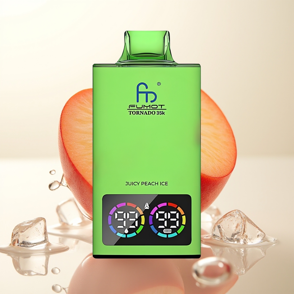 Fumot Tornado 35K Enkratna E-cigareta Juicy Peach Ice – Dvojna Mrežna Tuljava, 15ml E-tekočine, 700 MAH Baterija, Hitro Polnjenje, USB-C, 35000 Pufov