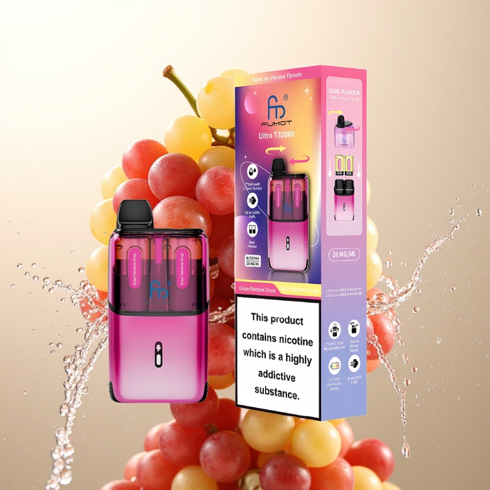 Fumot Ultra T32000 Enkratna E-cigareta Grozdje Rainbow Drops - Jagoda Rainbow Drops | 32000 Puffov, 800mAh, 24ml, Type-C, 20mg, Mesh Coil