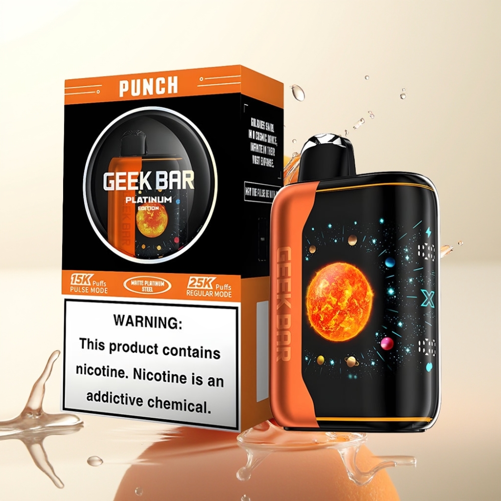 GEEK BAR Platinum Edition 25000 Disposable Vape Punch – 25000 Potegov, Matte Platinum, 3D Zaslon, USB-C, Dvojna Mrežasta Tuljava, 20mL, 2% Nikotin