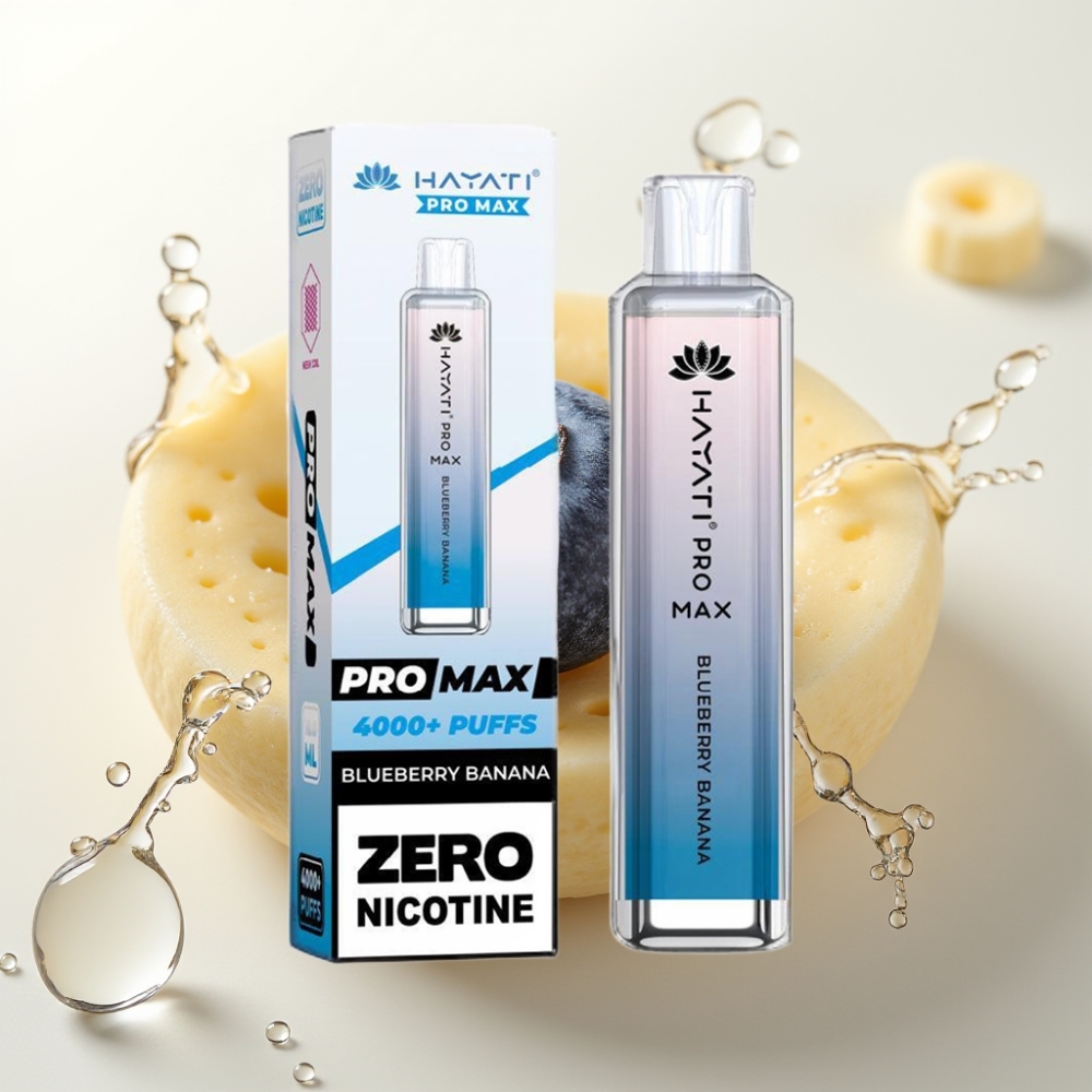 Hayati Pro Max 4000 Puff Enkratna E-cigareta z Borovnicami in Banano | 5% Nikotina, 1400mAh Baterija, LED Osvetlitev, 28×28×120mm, TPD-Skladna