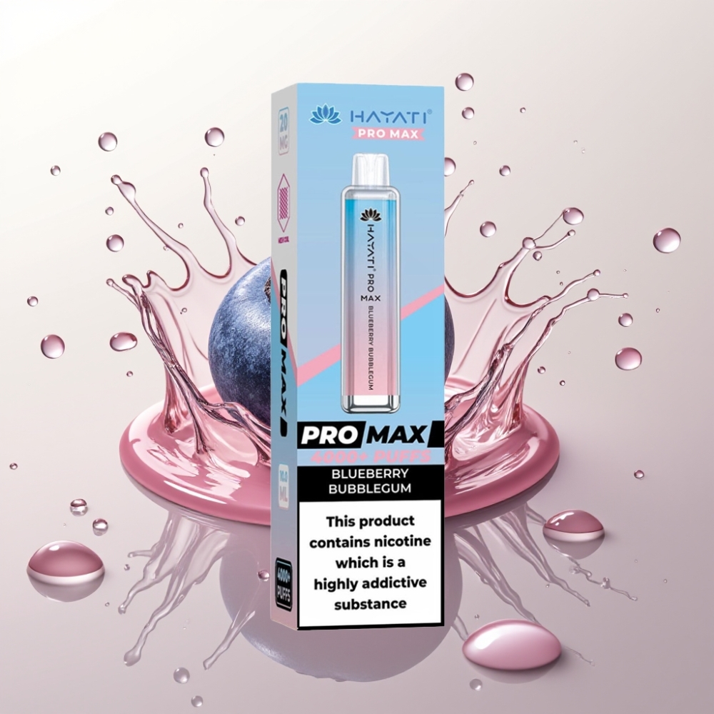 Hayati Pro Max 4000 Puff Enkratna E-cigareta z Modro Jagodnim Žvečilnim Gumijem – 1400mAh, 2ml/10ml, 2%/5% Nikotina, LED, Kristalni Videz, Polnilna