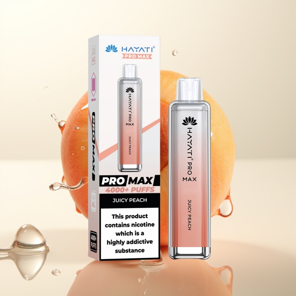 Hayati Pro Max 4000 Puffs Enkratna E-cigareta Sočna Breskev – 1400mAh, Dvojna 1.1 Ohm Mrežna Tuljava, LED Luč, Kristalni Videz, Polnljiva Baterija