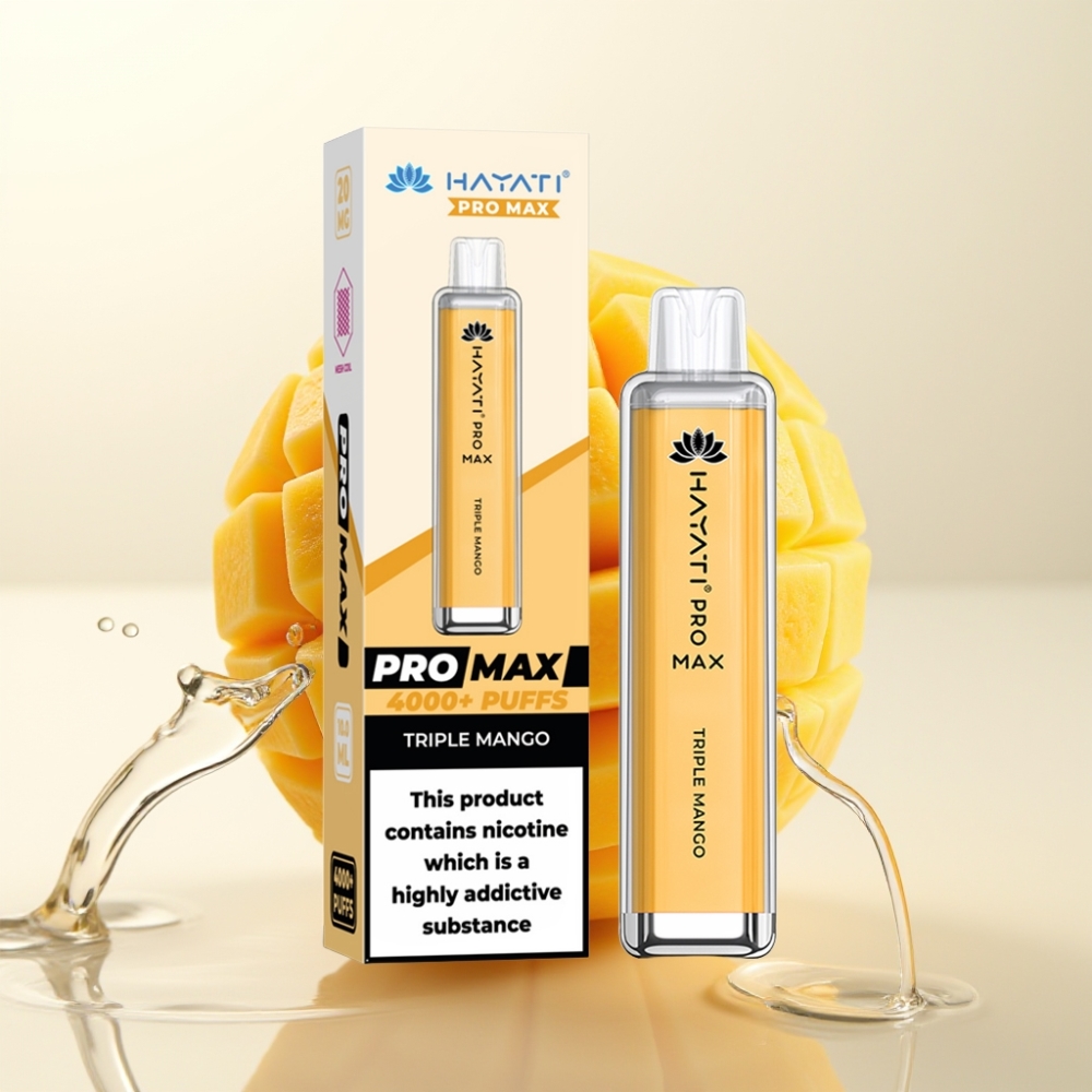 Hayati Pro Max 4000 Pufov Enkratna E-cigareta Trojni Mango – 1400mAh, Dual 1.1 Ohm, LED, Polnljiva, TPD