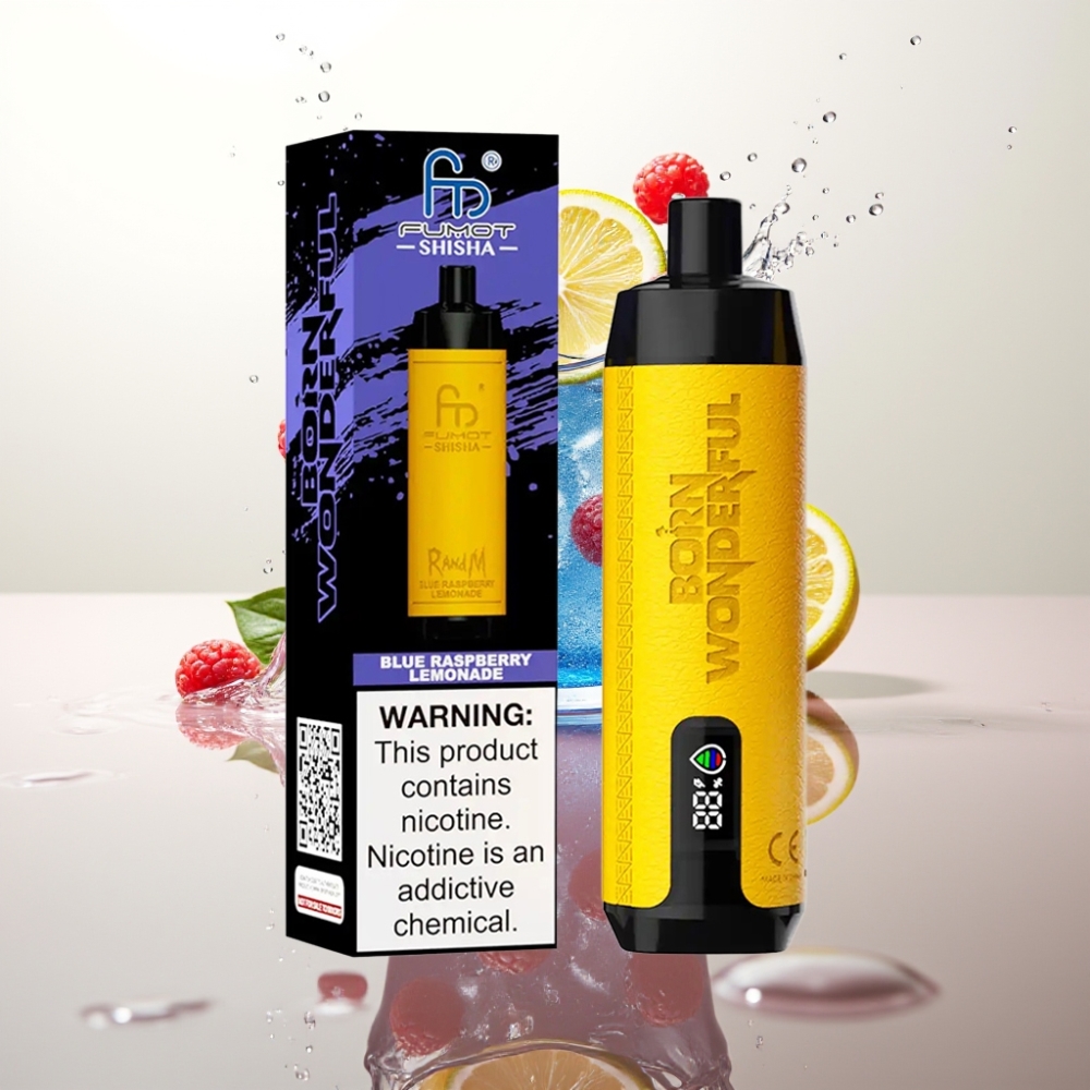 RandM Fumot Shisha 10000 Puff Enkratna E-cigareta z LED, 18ml E-tekočine, 850 mAh, Type-C, 0.6ohm, 0.5% Nikotina – Modra Malina Limonada