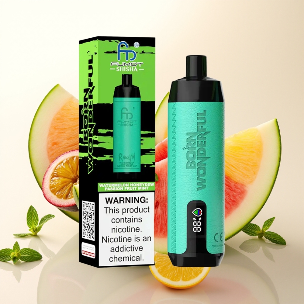 RandM Fumot Shisha 10000 Puffov Disposable Vape Lubenica Melona Pasijonka Meta – LED, 18ml E-tekočina, 850mAh, Type-C, 0.5% Nikotina