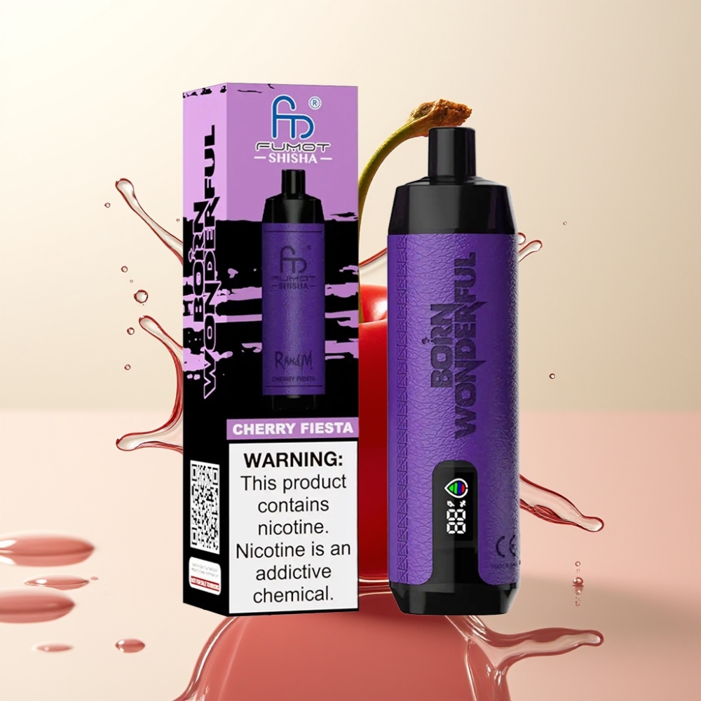 RandM Fumot Shisha 10000 Puffov Enkratna Vapa Češnjeva Fiesta z LED, 18ml E-tekočine, 850 mAh, 0.6ohm, Type-C, 0.5% Nikotina