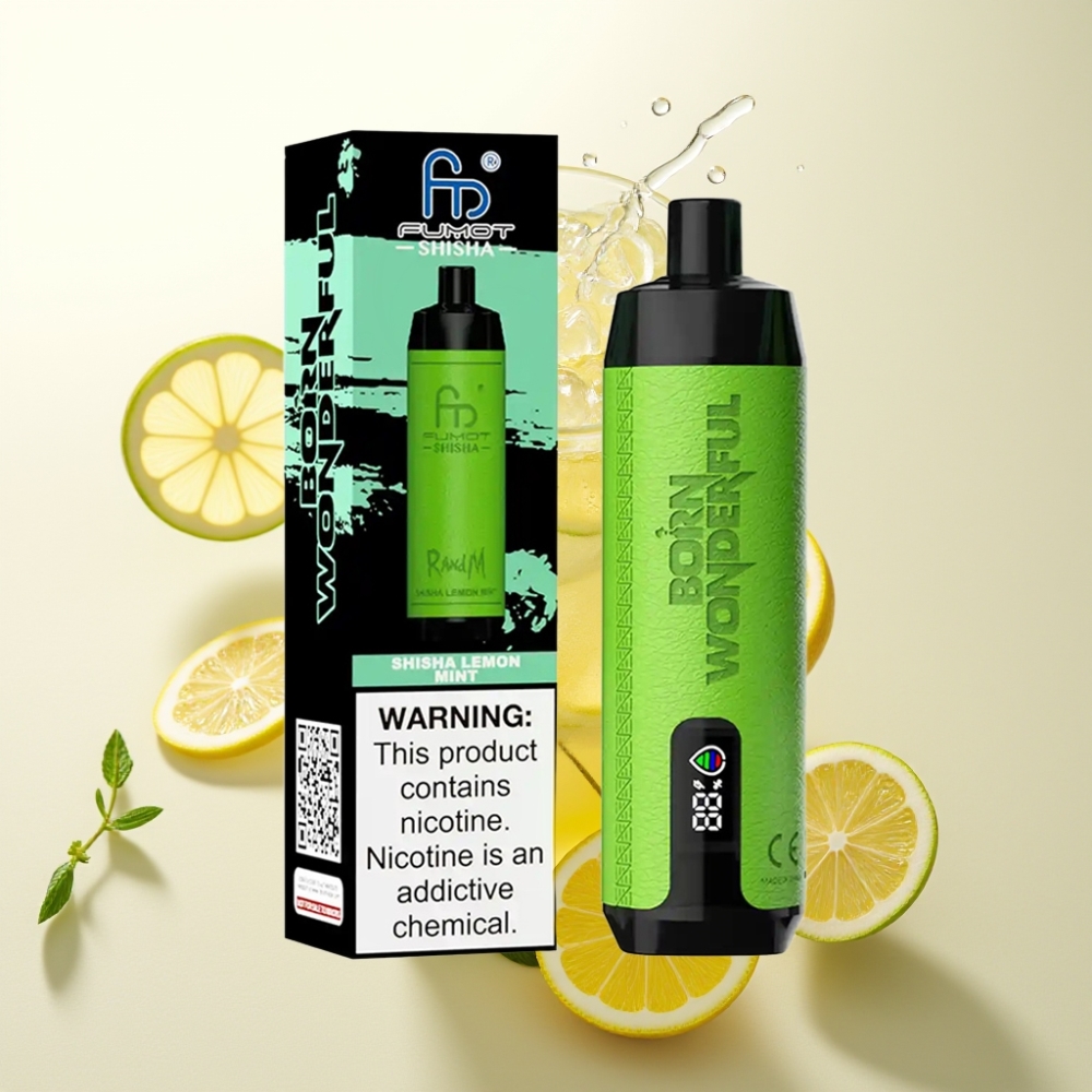 RandM Fumot Shisha 10000 Pufov Enkratna Vape Limona Meta – LED, 18ml E-tekočina, 850 mAh, 0.6ohm, Type-C, 0.5% Nikotina