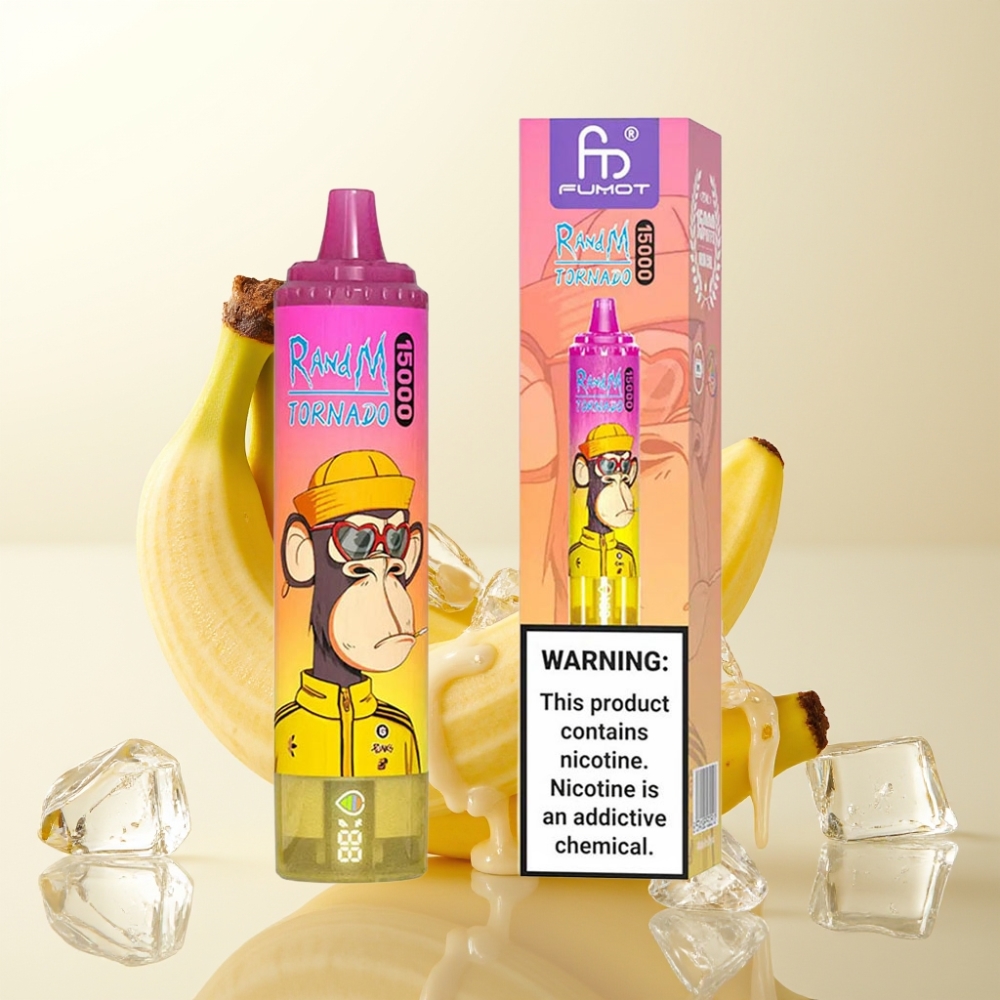 RandM Fumot Tornado 15000 Pufi Enkratna E-cigareta Banana Ice – 25ml, 850mAh, Mesh Coil, LCD, Type-C