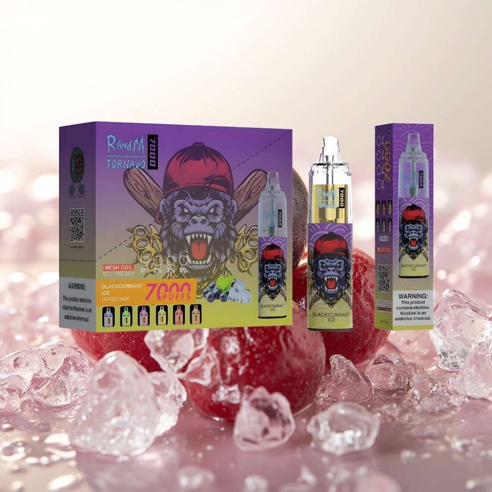 RandM Fumot Tornado 7000 Pufi Enkratna E-cigareta Črni ribez led, 14 ml, 850 mAh, Type-C, RGB, nastavljiv zrak, 0/2/3/5% nikotina