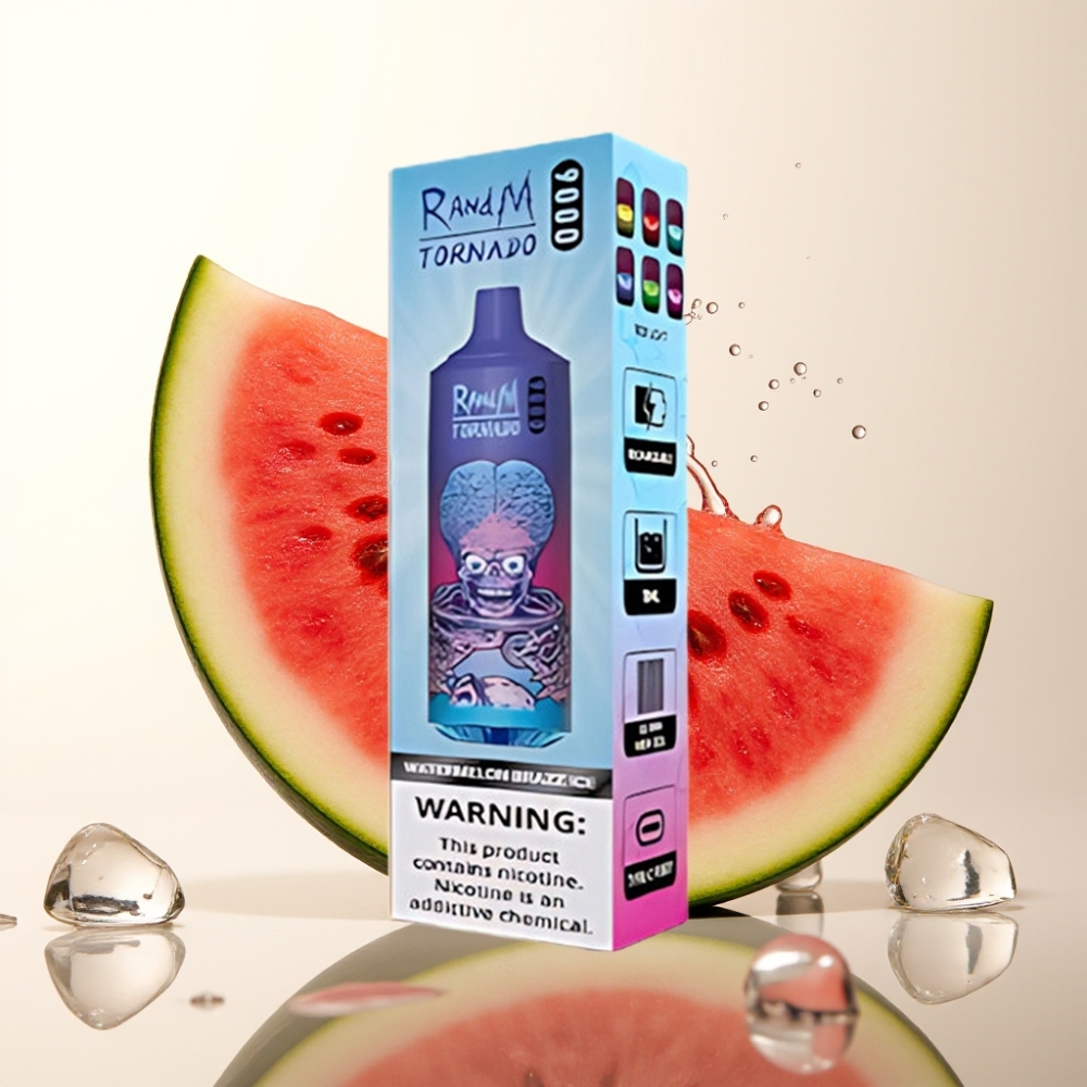 RandM Fumot Tornado 9000 Pufi Dispozabilna Vapa Lubenica Brazz Ice – 9000 Pufov, 850 mAh, 18 mL, Mesh Coil, RGB Display, 54 Okusov