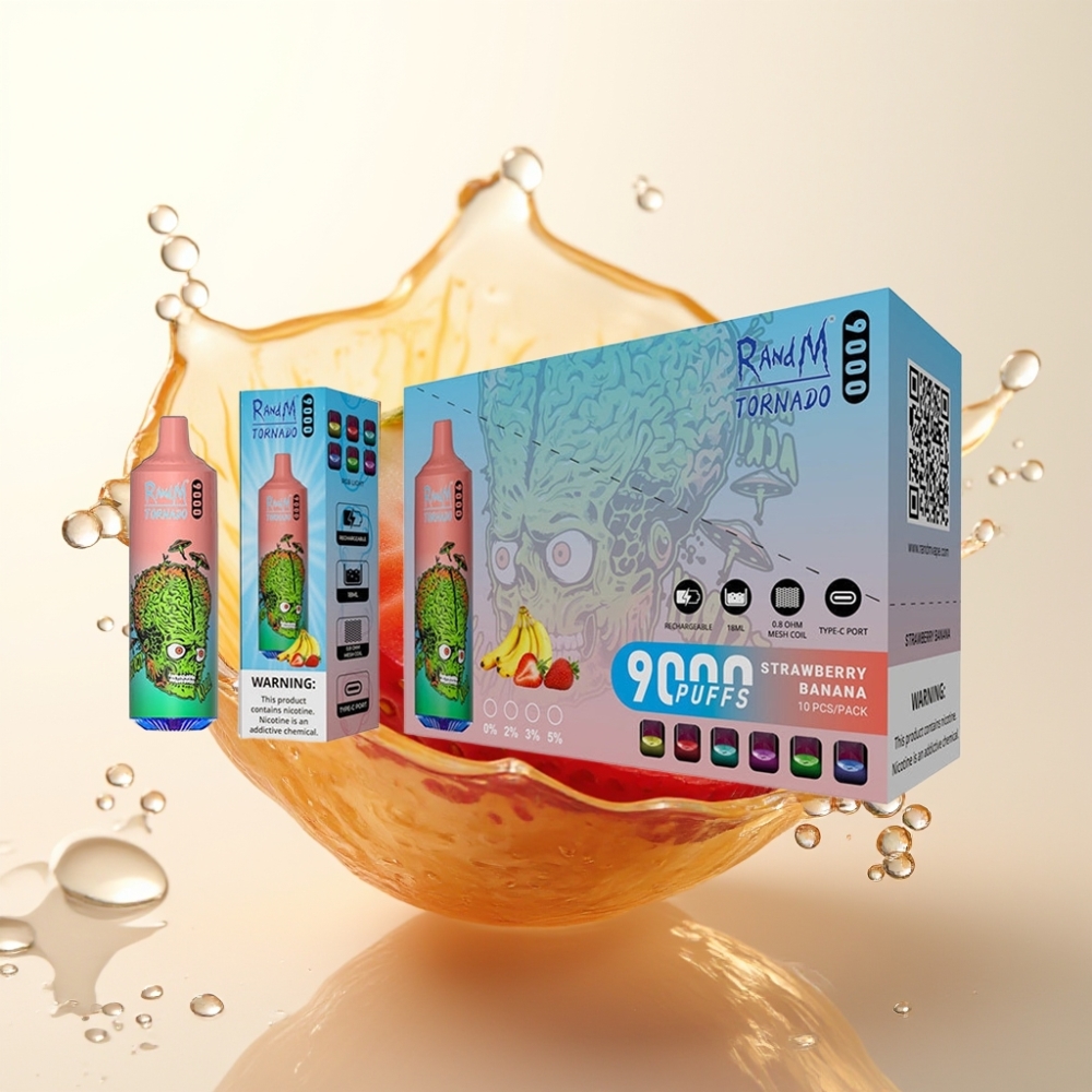 RandM Tornado 9000 Pufi Dispozabilna Vapa Jagoda Banana – 9000 Pufov, 850 mAh, 18 mL, Mesh Coil, RGB Display, 54 Okusov