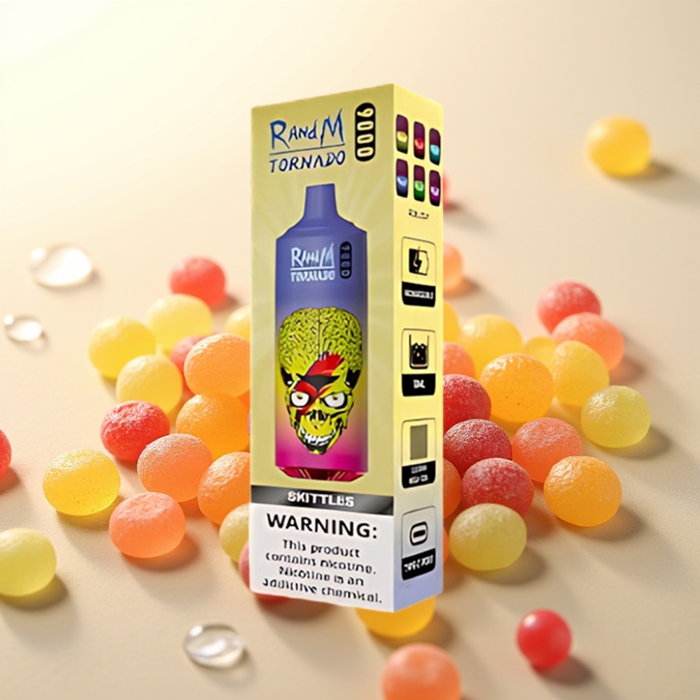 RandM Tornado 9000 Pufi Dispozabilna Vapa Skittles - 54 Okusov, 18 mL E-tekočina, 850 mAh Baterija, Mesh Coil, RGB Display
