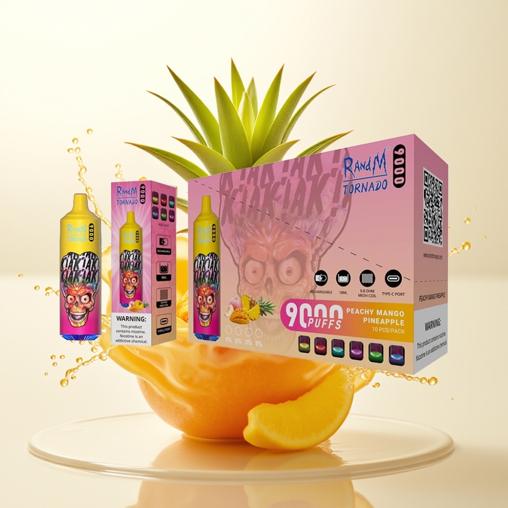 RandM Tornado 9000 Pufi Dispozabilna Vape Briškega Mango-Ananasa (18 mL, 850 mAh, Mrežna Tuljava, RGB Zaslon, 54 Okusov)