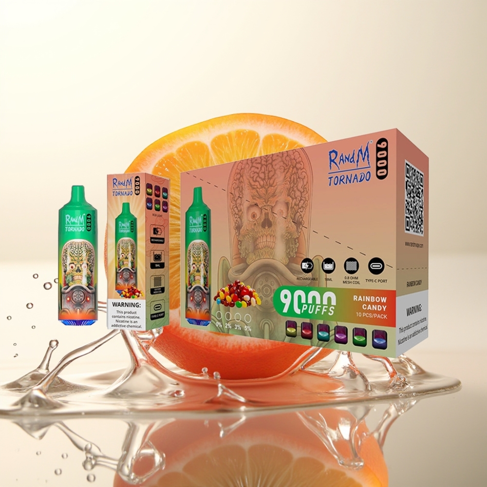 RandM Tornado 9000 Pufi Dispozabilna Vape Mavrični Bonboni – 9000 Pufov, 850 mAh Baterija, 18 mL E-tekočina, Mrežasta Tuljava, RGB Display, 54 Okusov