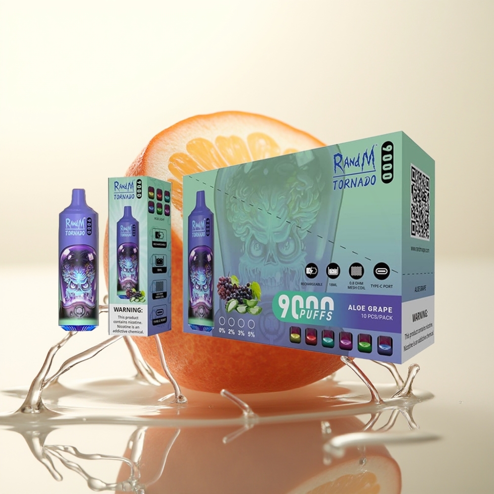 RandM Tornado 9000 Pufi Enkratni Vape Aloe Grozdje – 9000 Pufov, 850 mAh, 18 mL, Mrežna Glava, RGB Display, 54 Okusov
