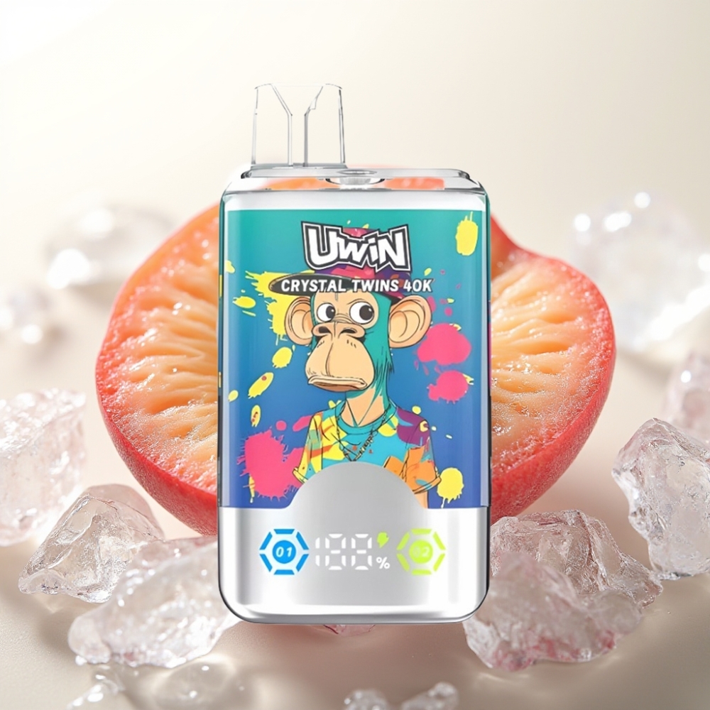 UWIN Crystal Twins 40000 Puffov Enkratna E-cigareta z Dvojnim Okusom: Borovnica in Led & Poletna Breskev z Ledom